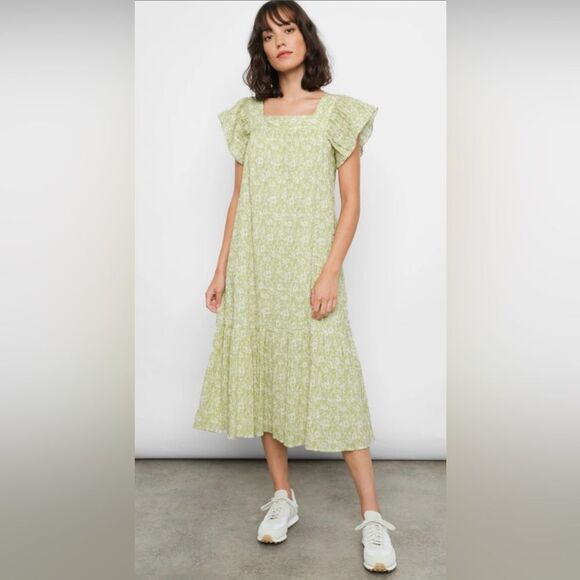 Rails Skylar Posies Dress Green Flutter Sleeve Midi Smocked Women’s Size Large - Picture 1 of 9